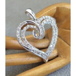 Big Solid 10K White GOLD 56 Diamond HEART PENDANT Inside Out - 1.25" Tall Unworn